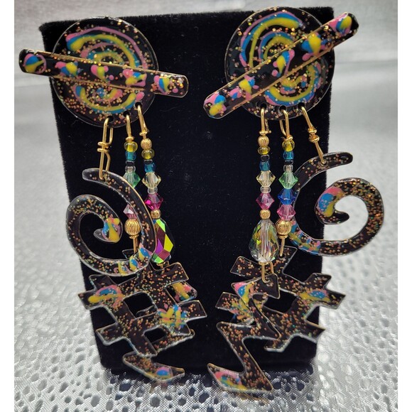 Geometric Multi Colored Statement Earrings - Picture 1 of 4